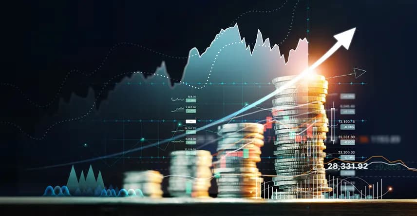 Stacks of gold and silver coins with a rising arrow over a market chart